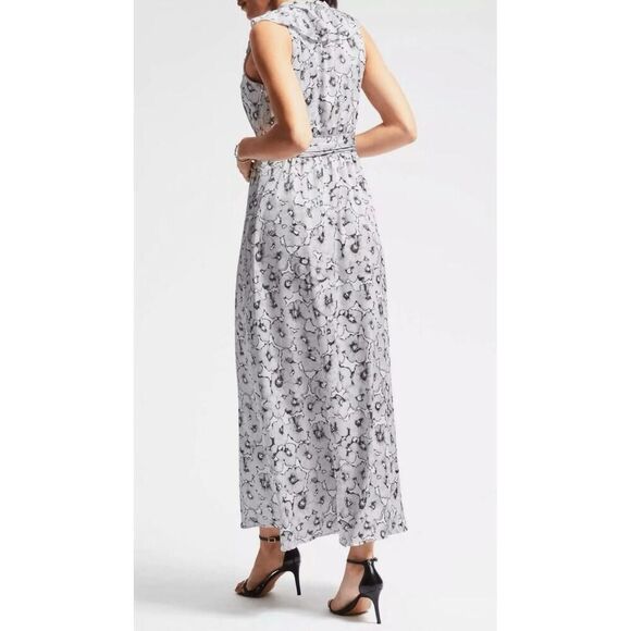 Banana Republic size 12 Floral Ruffle-Vee Maxi Dress grey black - Picture 3 of 9